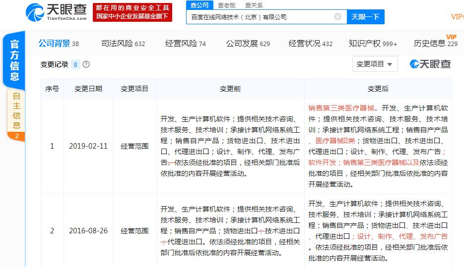 百度变更经营范围,新增第三类医疗器械销售-肽度TIMEDOO
