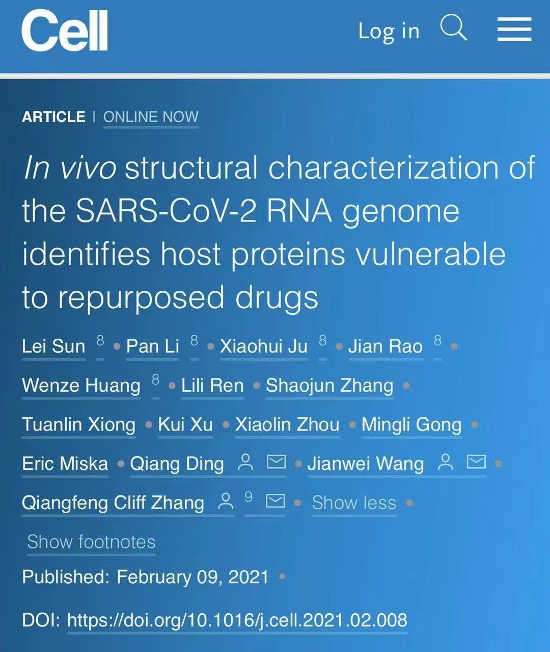 科研成果 | 张强锋/王健伟/丁强课题组解析细胞内新冠病毒RNA结构并利用人工智能算法发现靶向宿主蛋白的重定位药物