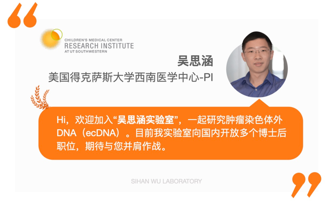 PI直聘|美国得克萨斯大学西南医学中心吴思涵实验室开放多个博士后职位（肿瘤ecDNA）