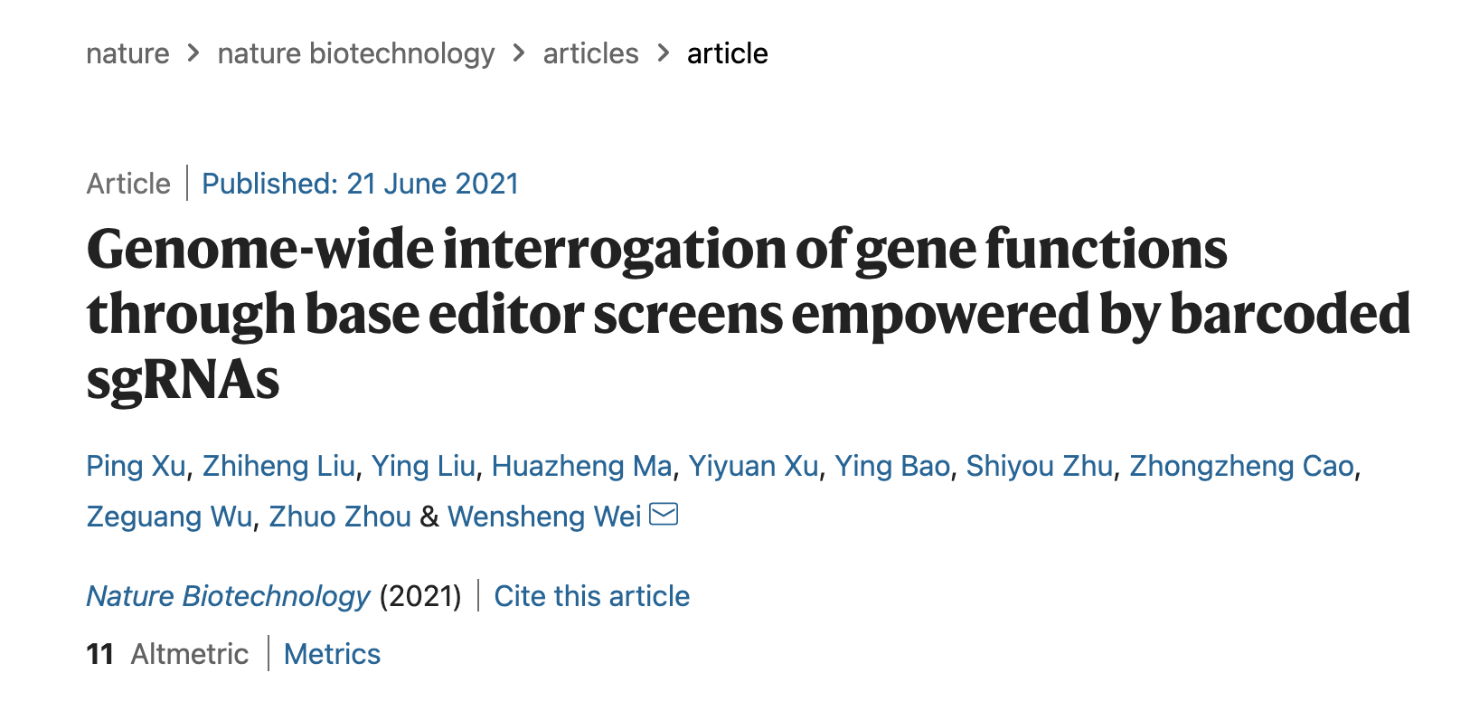 北京大学魏文胜课题组在Nature Biotechnology 发文报道基于碱基编辑的新型高通量功能性筛选方法