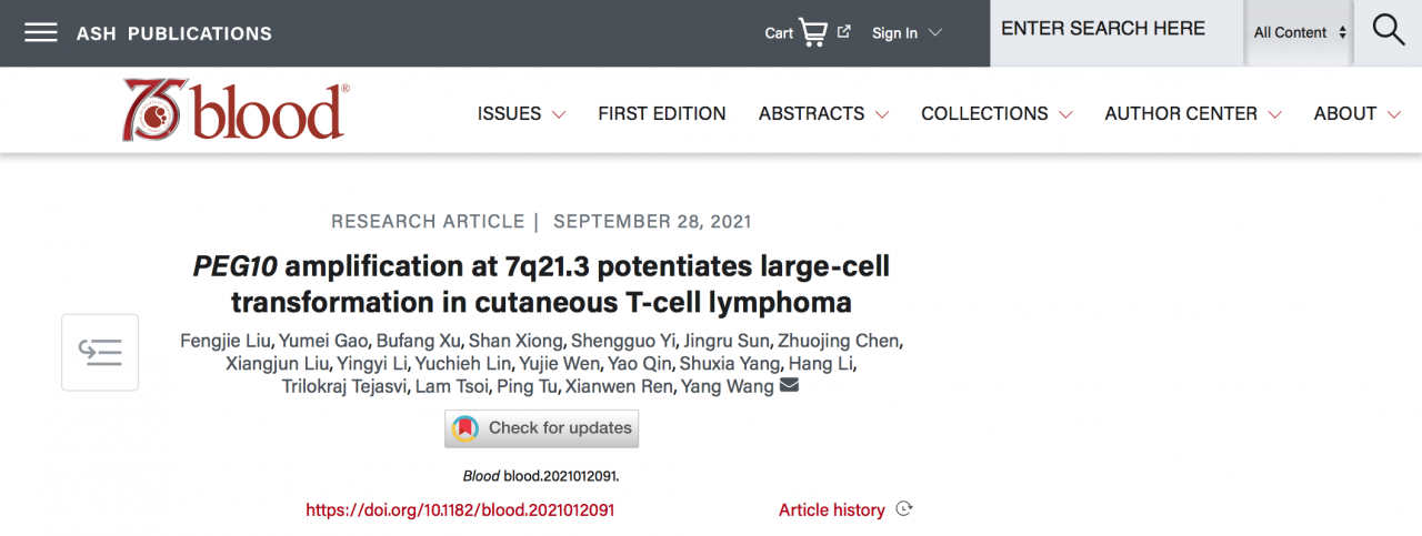 北京大学第一医院汪旸团队和任仙文团队合作发现皮肤T细胞淋巴瘤大细胞转化的分子机制以及新型治疗靶点-肽度TIMEDOO