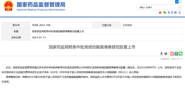 二十年重大突破 肺癌靶向药物琥珀酸莫博赛替尼胶囊中国获批