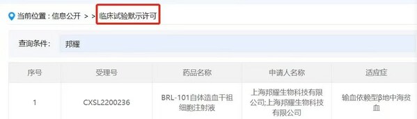 邦耀生物BRL-101产品1期临床试验的首例地贫患者治愈出院
