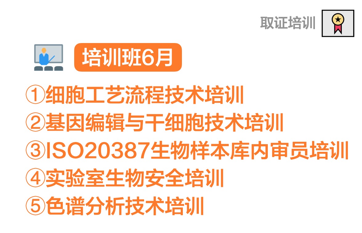 6月份针对细胞实验室、细胞治疗制药、基因编辑与干细胞技术、生物样本库内审员、色谱分析技术的培训