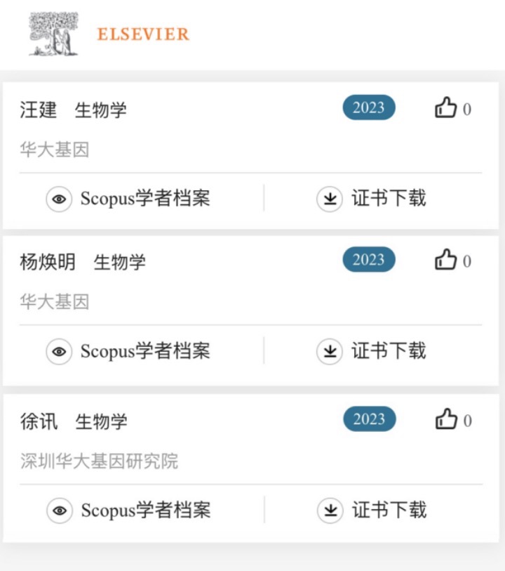 最新公布！华大汪建、杨焕明、徐讯入选2023“中国高被引学者”榜单
