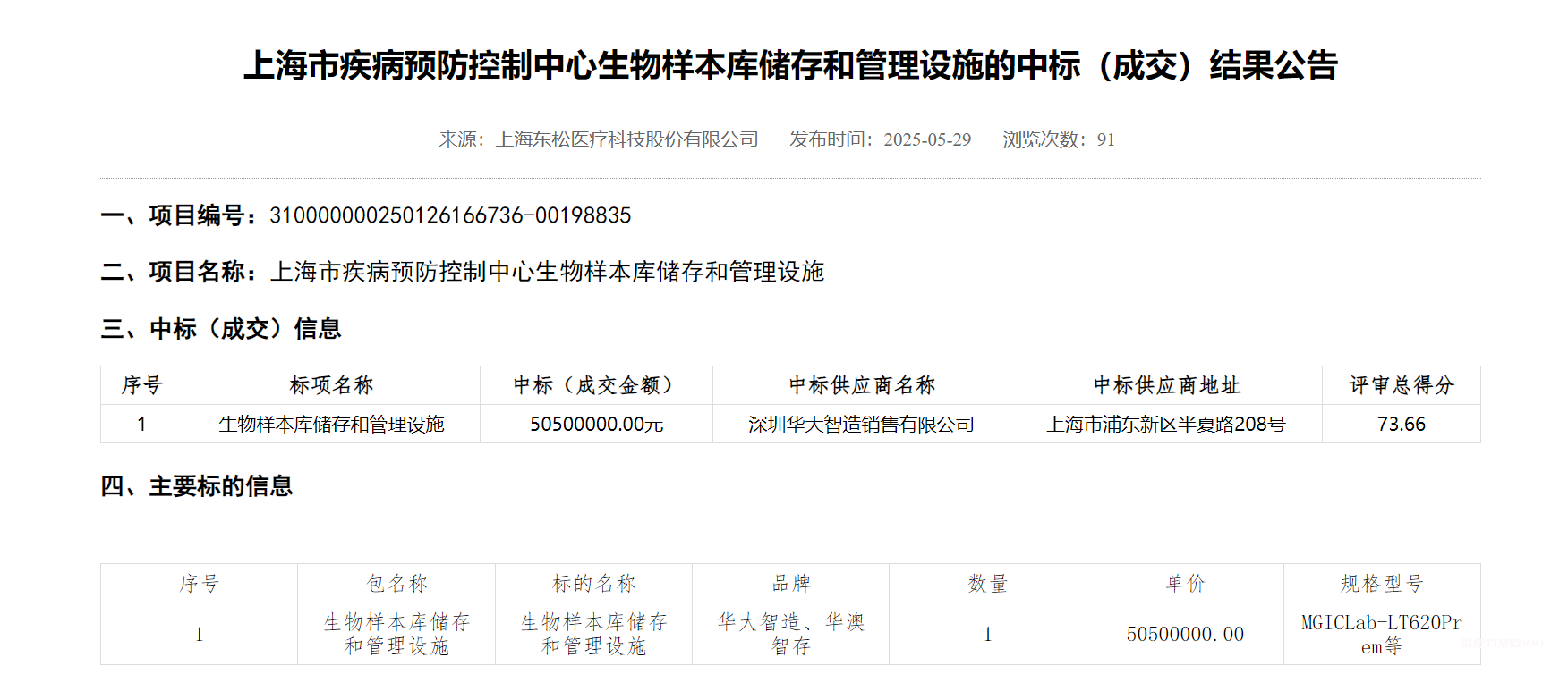 华大智造5050万元中标上海疾控生物样本库储存和管理设施项目-肽度TIMEDOO