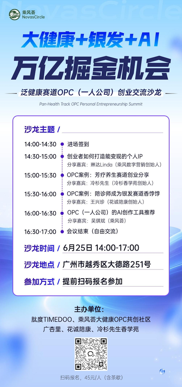 大健康+银发经济+AI,万亿市场的掘金机会 泛健康赛道OPC(一人公司)创业交流沙龙-肽度TIMEDOO